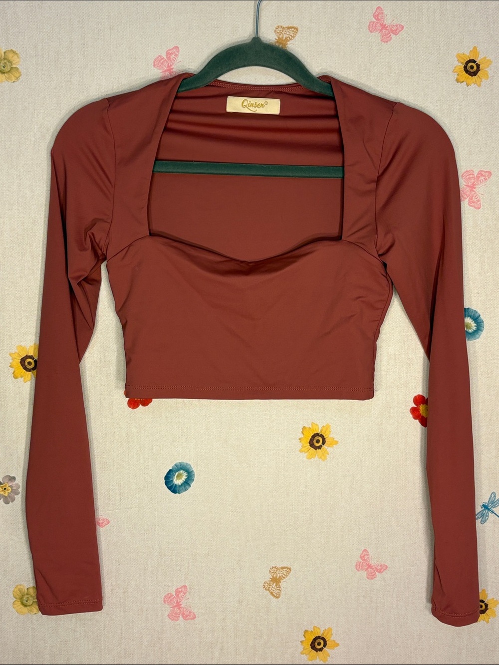 Qinsen - Rust Spandex Square-Neck Long-Sleeve Crop Top